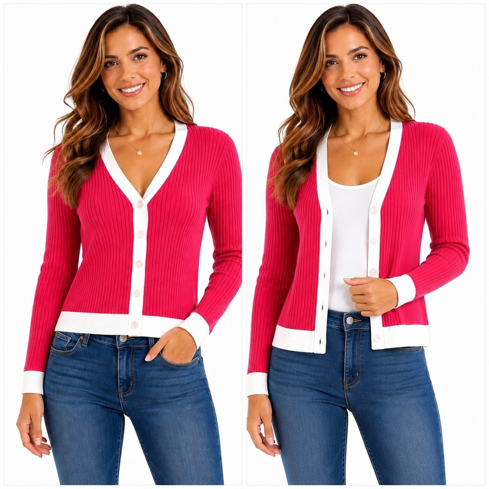 Worthington XL Watermelon Pink Ribbed Sweater Cardigan Button Contrast Trim